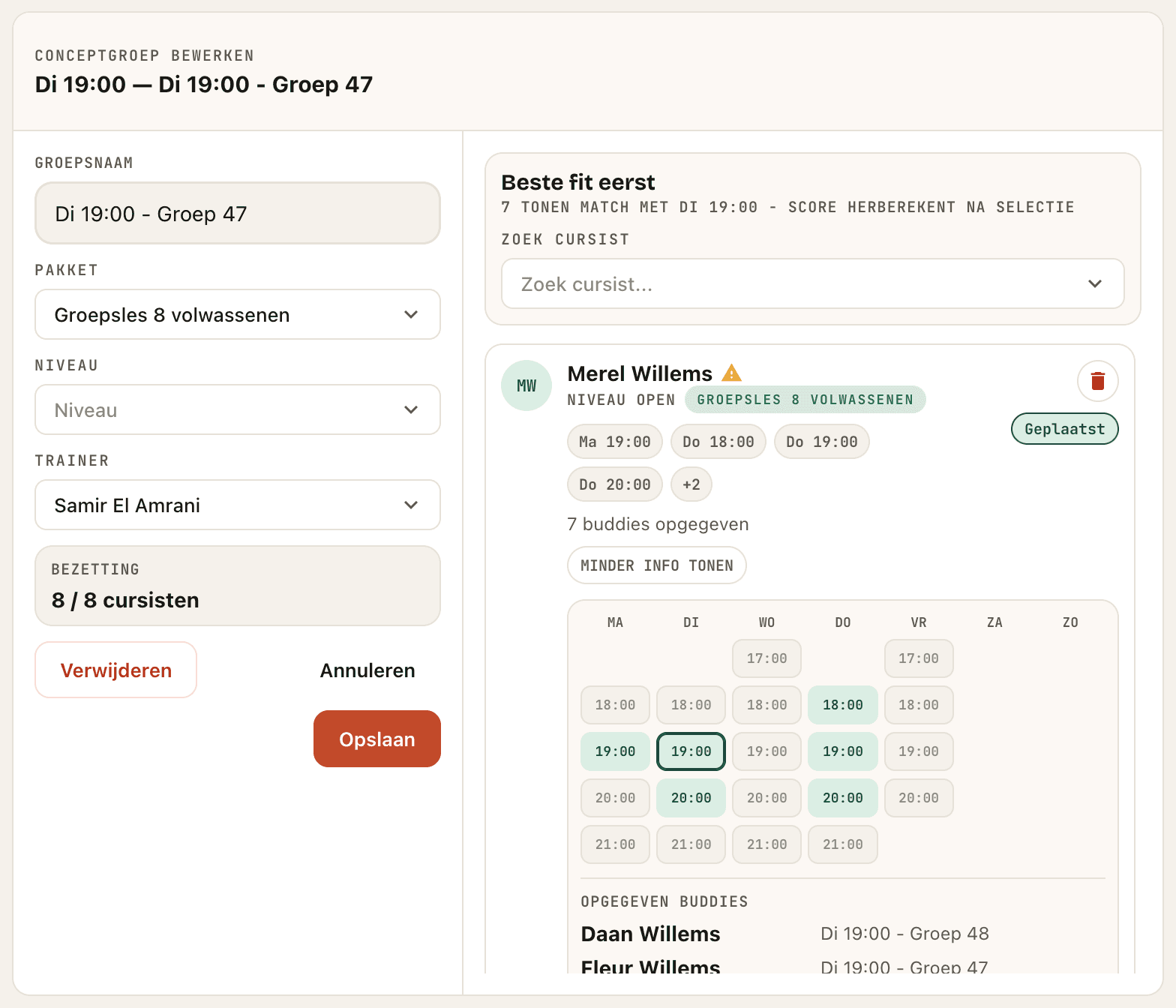 Conceptgroep bewerken met voorgestelde buddy's op basis van beste fit, inclusief opgegeven buddy-voorkeuren